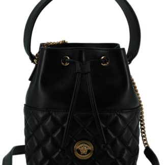 Versace Elegant Black Leather Medusa Bucket Shoulder Bag