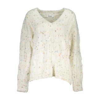 Desigual Chic White Embroidered Crew Neck Sweater