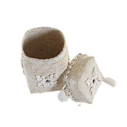 Σετ Καλαθιών DKD Home Decor Λευκό Bamboo Κοχύλι Boho Φθαρμένο 24 x 24 x 30 cm 28 x 28 x 27 cm (3 Τεμάχια)