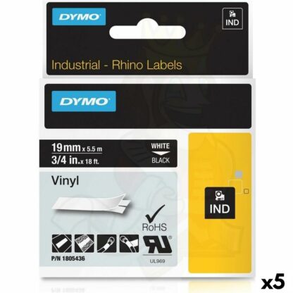 Πλαστικοποιημένη Ταινία για Στυλό Rhino Dymo ID1-19 19 x 5,5 mm Μαύρο πολυεστέρας Λευκό Αυτοκόλλητο (5 Μονάδες)