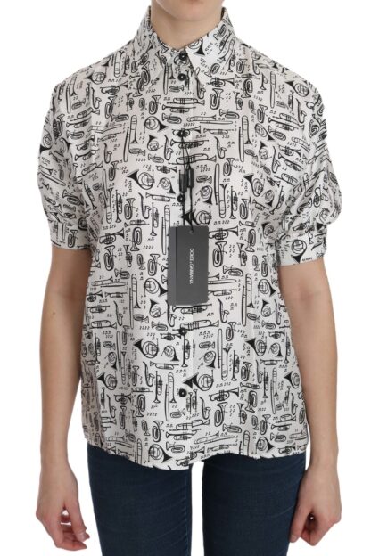 Dolce & Gabbana - Musical Instrument Print Silk Collared Top