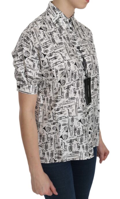 Dolce & Gabbana - Musical Instrument Print Silk Collared Top