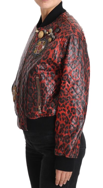 Dolce & Gabbana - Red Leopard Bomber Leather Jacket with Crystal Buttons