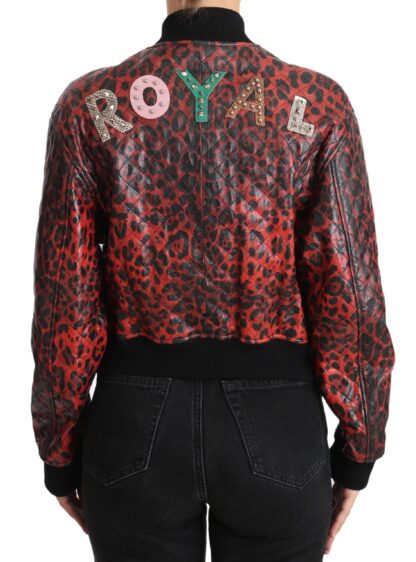 Dolce & Gabbana - Red Leopard Bomber Leather Jacket with Crystal Buttons