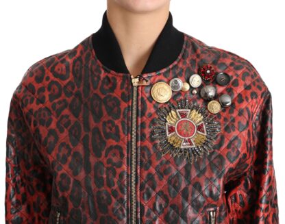 Dolce & Gabbana - Red Leopard Bomber Leather Jacket with Crystal Buttons