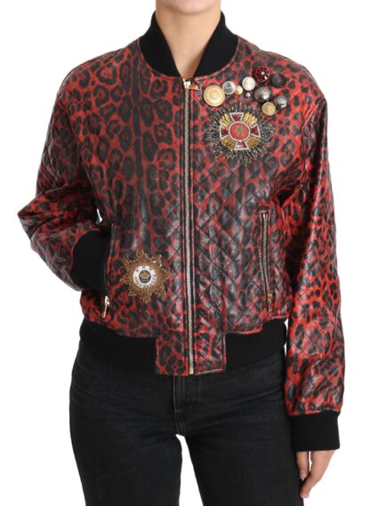 Dolce & Gabbana - Red Leopard Bomber Leather Jacket with Crystal Buttons