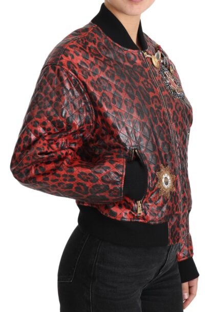 Dolce & Gabbana - Red Leopard Bomber Leather Jacket with Crystal Buttons