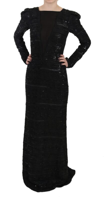 John Richmond - Black Silk Sheath Maxi Dress with Sequins