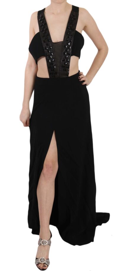 John Richmond - Elegant Flare Maxi Evening Dress with Crystal Accents