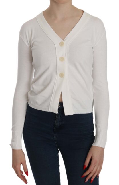 BYBLOS - Elegant White V-Neck Cropped Cardigan Blouse