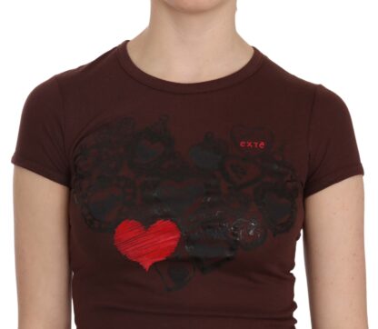 Exte - Chic Brown Hearts Print Crew Neck Blouse