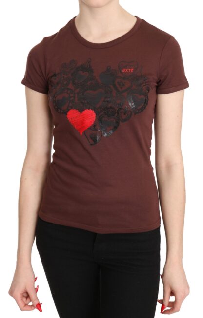 Exte - Chic Brown Hearts Printed Short Sleeve Top