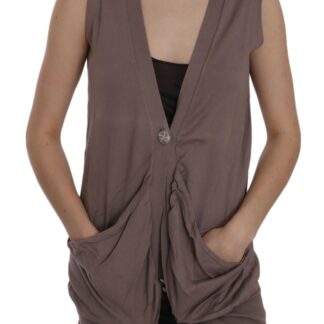 PINK MEMORIES - Chic Sleeveless Cotton Cardigan Vest - Elegant Brown