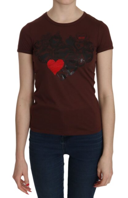 Exte - Chic Brown Heart Print Crew Neck Top