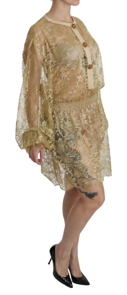 Dolce & Gabbana - Elegant Gold Lace A-Line Knee Length Dress