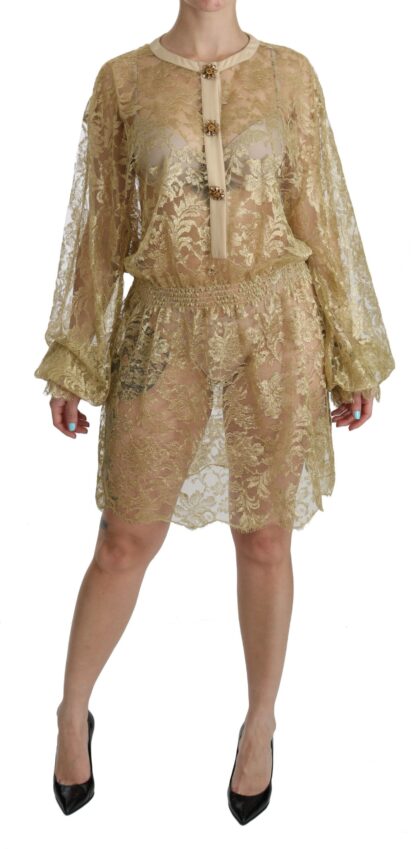 Dolce & Gabbana - Elegant Gold Lace A-Line Knee Length Dress