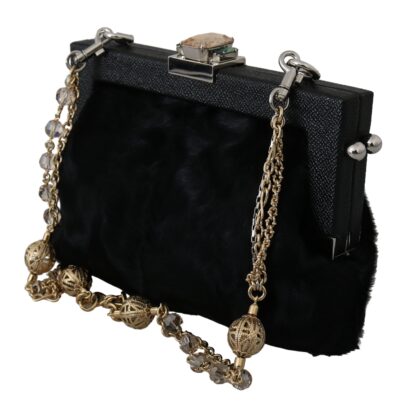 Dolce & Gabbana - Black Fur Gold Baroque Crystal Evening Clutch