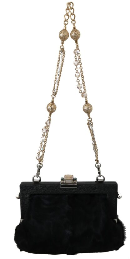 Dolce & Gabbana - Black Fur Gold Baroque Crystal Evening Clutch