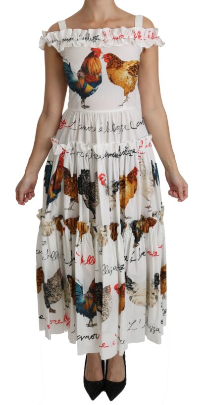 Dolce & Gabbana - Elegant White Rooster Print Sheath Midi Dress