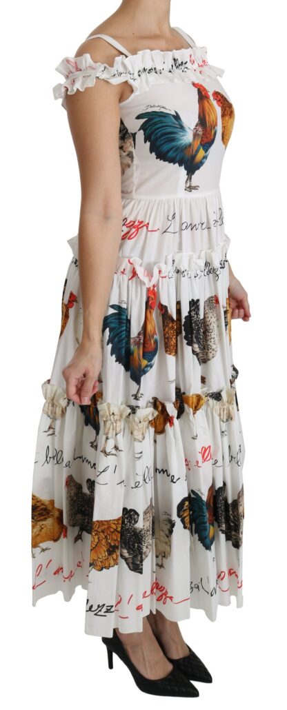 Dolce & Gabbana - Elegant White Rooster Print Sheath Midi Dress