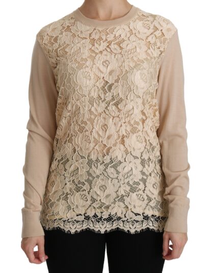 Dolce & Gabbana - Elegant Beige Lace Crew Neck Cashmere Blouse