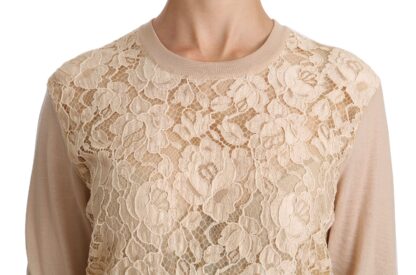 Dolce & Gabbana - Elegant Beige Lace Crew Neck Cashmere Blouse