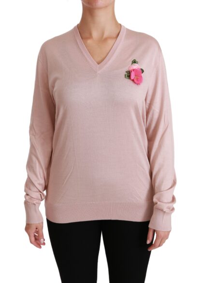 Dolce & Gabbana - Pink Floral Silk V-Neck Sweater