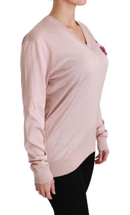 Dolce & Gabbana - Pink Floral Silk V-Neck Sweater