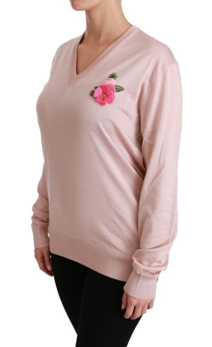 Dolce & Gabbana - Pink Floral Silk V-Neck Sweater