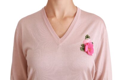 Dolce & Gabbana - Pink Floral Silk V-Neck Sweater