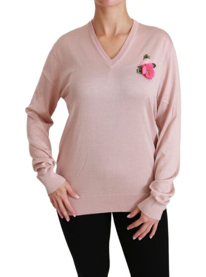 Dolce & Gabbana - Pink Floral Silk V-Neck Sweater