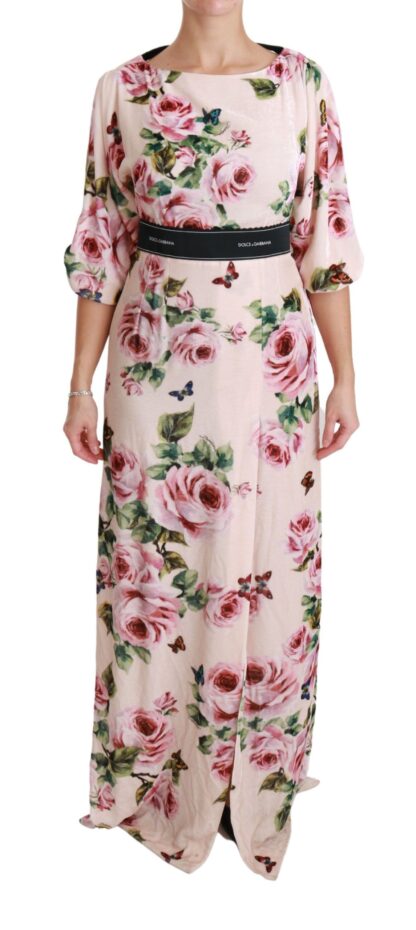 Dolce & Gabbana - Elegant Pink Velvet Rose Print Maxi Dress