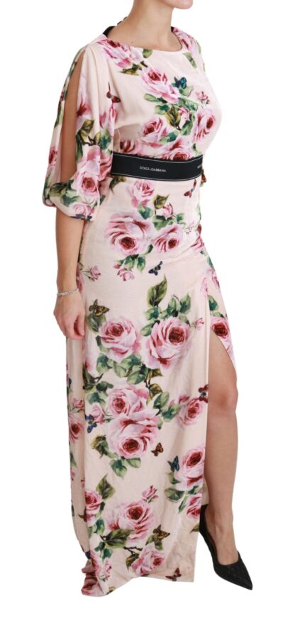 Dolce & Gabbana - Elegant Pink Velvet Rose Print Maxi Dress