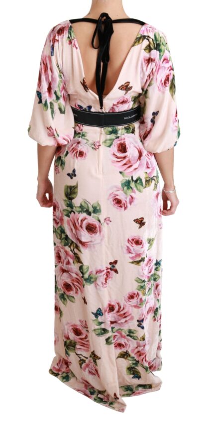 Dolce & Gabbana - Elegant Pink Velvet Rose Print Maxi Dress