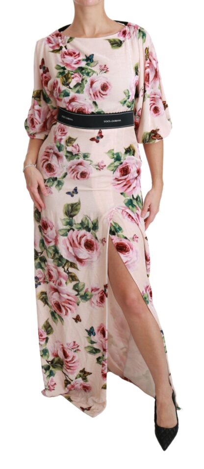 Dolce & Gabbana - Elegant Pink Velvet Rose Print Maxi Dress