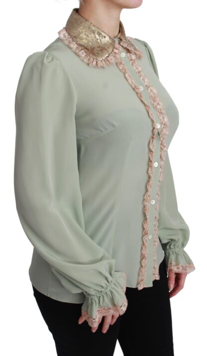 Dolce & Gabbana - Elegant Mint Green Silk Blend Sequin Collar Top