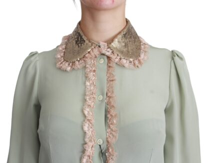 Dolce & Gabbana - Elegant Mint Green Silk Blend Sequin Collar Top