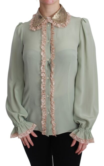 Dolce & Gabbana - Elegant Mint Green Silk Blend Sequin Collar Top