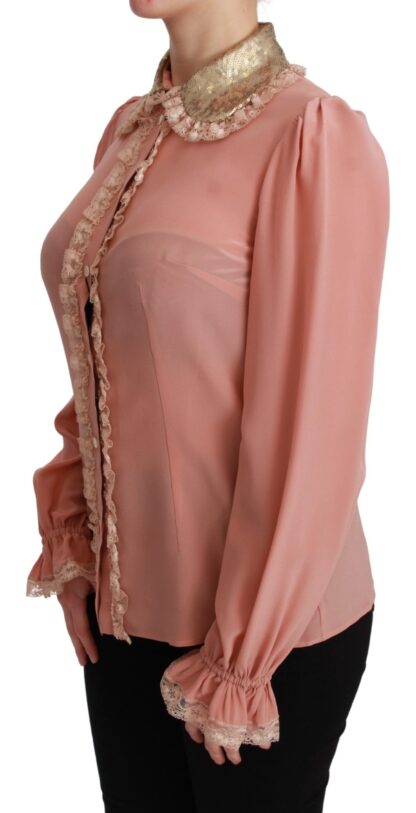 Dolce & Gabbana - Elegant Pink Lace Silk Blouse with Gold Sequins