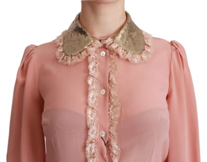 Dolce & Gabbana - Elegant Pink Lace Silk Blouse with Gold Sequins