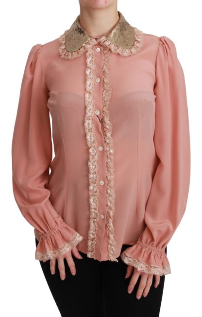 Dolce & Gabbana - Elegant Pink Lace Silk Blouse with Gold Sequins