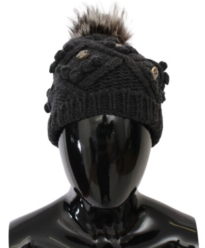 Dolce & Gabbana - Elegant Gray Fur Crystal Beanie