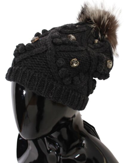 Dolce & Gabbana - Elegant Gray Fur Crystal Beanie