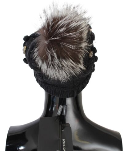 Dolce & Gabbana - Elegant Gray Fur Crystal Beanie