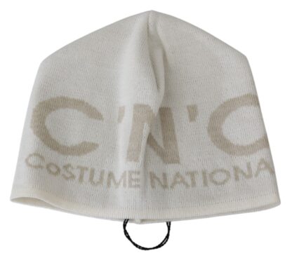 Costume National - Chic White Beanie with Beige Brand Detail