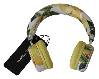 Dolce & Gabbana - Chic White Leather Headphones with Yellow Print