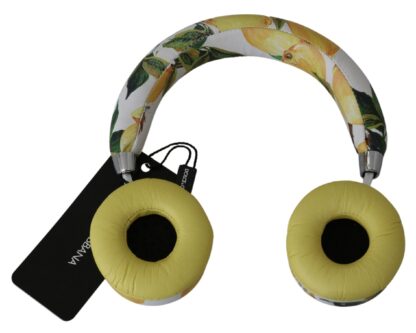 Dolce & Gabbana - Chic White Leather Headphones with Yellow Print