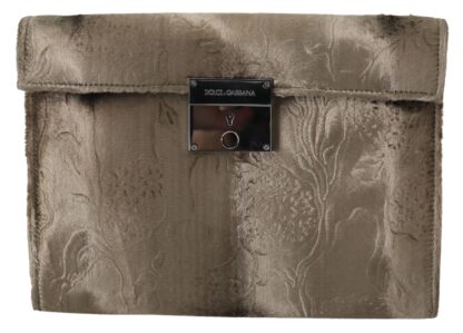 Dolce & Gabbana - Beige Velvet Croco-Print Leather Briefcase Clutch