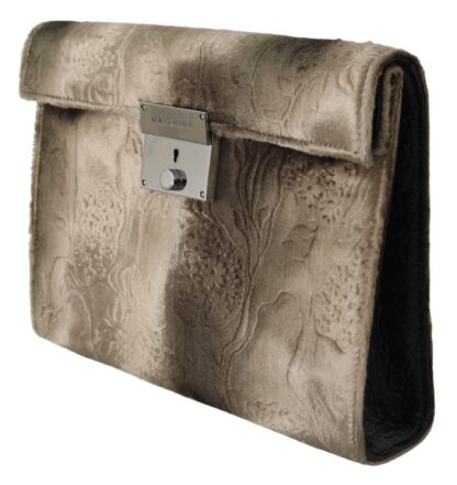 Dolce & Gabbana - Beige Velvet Croco-Print Leather Briefcase Clutch