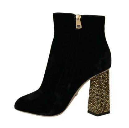 Dolce & Gabbana - Elegant Velvet Ankle Boots with Crystal Heels